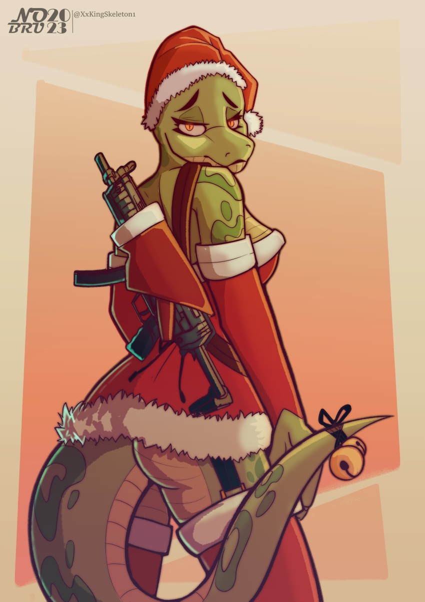 absurd_res anthro christmas christmas_clothing clothing female female/female gun hi_res holidays humanoid pinup pose ranged_weapon reptile scalie snake solo weapon xxkingskeleton1