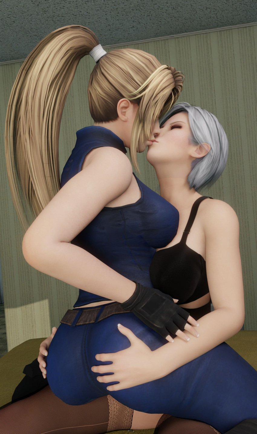 3d ass_grab christie_(doa) dead_or_alive dead_or_alive_5 lesbian lesbian_kiss lingerie sarah_bryant stockings virtua_fighter yuri