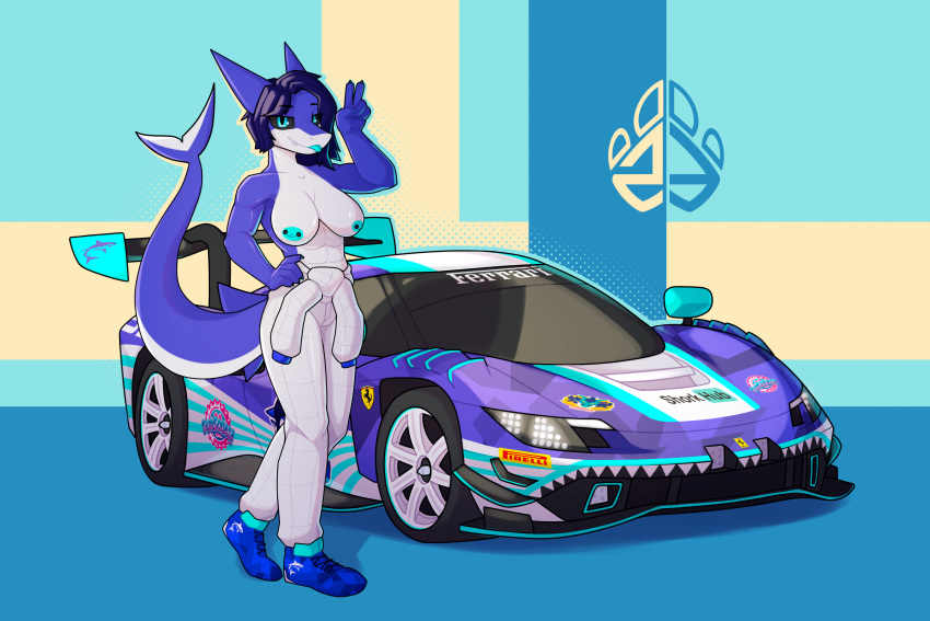 anthro big_breasts breasts car clothed clothing female ferrari ferrari_296_gt3 fish footwear gesture hi_res marine newt_trz partially_clothed race_car racing_suit shark shoes solo suzuka_takahashi tail thick_tail v_sign vehicle