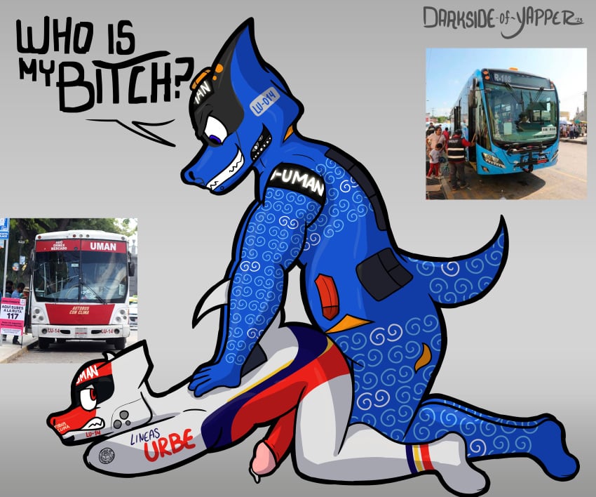 absurd_res anal anal_sex animal_humanoid anthro blue_body bodily_fluids bus centro-uman commercial_vehicle darkyapper dragon dragon_humanoid duo genital_fluids hi_res humanoid lineas_urbe living_bus living_machine living_vehicle machine male male/male penetration precum public public_transportation sex tail tatto text uman-san_lorenzo union_de_camioneros_de_yucatan va_y_ven vehicle vehicle_for_hire white_body