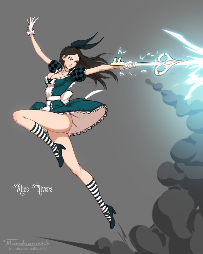 alice_(madness_returns) alice_in_wonderland alice_liddell alice_madness_returns alternate_costume american_mcgee's_alice ass ass_focus blue_eyes bunny_ears cleavage dark_hair ear female female_focus female_only gloves green_dress high_heels highres jumping key light_skin long_hair magic magic_user magical_girl necklace public_domain shoes smiling smirking socks solo solo_female staff stripped_socks tagme tarakanovich thick_thighs tight_clothing using_magic white_gloves