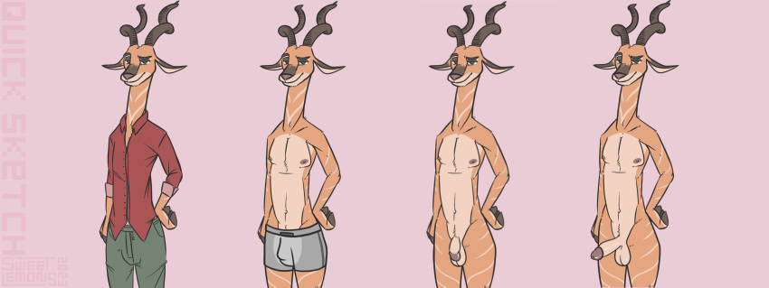 2023 absurd_res antelope anthro balls bedroom_eyes bottomwear bovid bovine boxers_(clothing) boxers_only bucky_oryx-antlerson bulge clothed clothing dark_nose digital_drawing_(artwork) digital_media_(artwork) digital_painting_(artwork) disney erection fingers flaccid gemsbok genitals grazing_antelope grey_clothing hand_on_hip hi_res hooved_fingers hooves horn humanoid_genitalia humanoid_penis kudu light_body long_ears long_neck looking_at_viewer male male_only mammal markings mostly_nude multicolored_body narrowed_eyes nipples nude oryx penis pink_background red_clothing red_shirt red_topwear seductive shirt signature simple_background simple_coloring simple_eyes smile solo spiral-horned_antelope standing striped_body striped_markings stripes sweet.lemons tan_body topless topwear two_tone_body underwear underwear_only zootopia