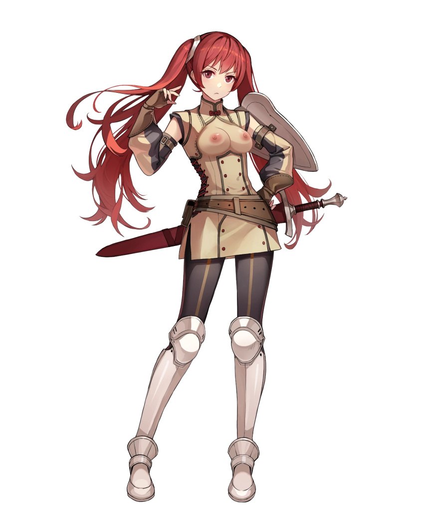 1girls alternate_breast_size arm_shield big_breasts black_leggings breastless_clothes breastless_clothing breasts breasts_out casual_nudity edit female female_only fire_emblem fire_emblem_awakening fire_emblem_heroes highres horror_flight7830 large_breasts leggings long_hair nintendo nipples nude_filter red_eyes red_hair severa_(fire_emblem) sheath solo sword topless_dress twintails weapon white_background