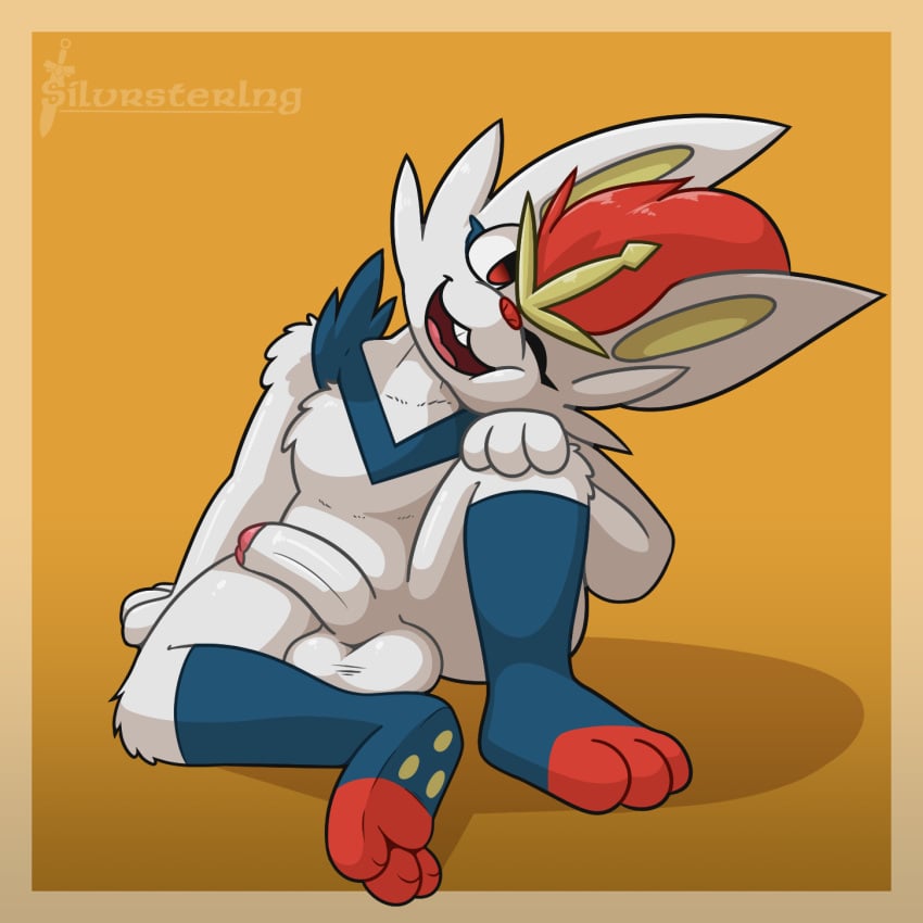 anthro balls cinderace generation_8_pokemon genitals hi_res male male_only nintendo nude penis pokemon pokemon_(species) silvrsterlng simple_background sitting smile solo