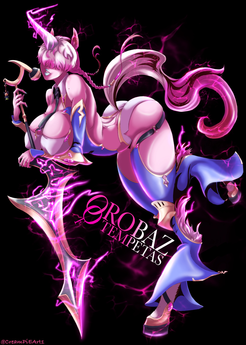 big_breasts big_butt creampieart1 demon demon_girl horse_ears horse_girl horse_tail original original_character orobas pink_hair pony_girl ponytail tall_female unicorn unicorn_horn