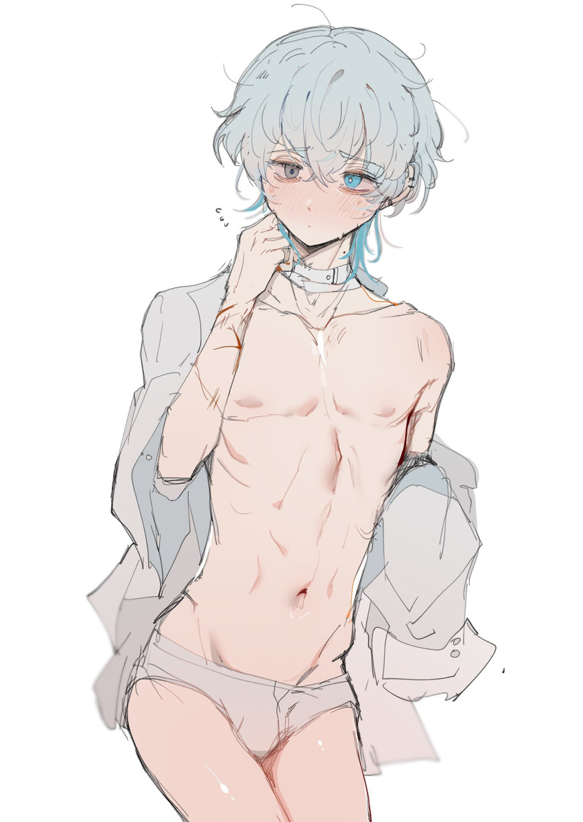 1boy bare_thighs blue_eyes byebyefrog femboy grey_eyes grey_hair male male_only original panties shirt short_hair solo thighs topless underwear white_panties