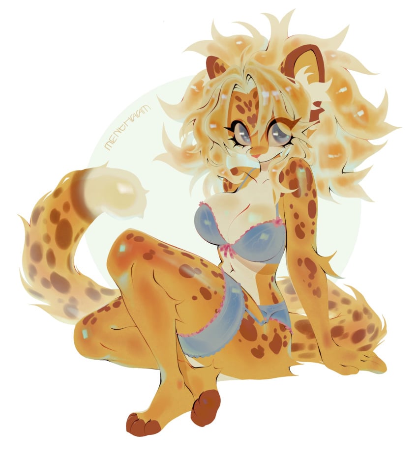 1girls 2023 big_breasts blue_eyes breasts brown_fur cheetah cheetah_ears cheetah_tail elbow_tufts eyelashes feline female female_only furry furry_only long_tail looking_at_viewer menthaam navel paws signature simple_background spotted_body spotted_fur tail white_fur yellow_fur yellow_hair