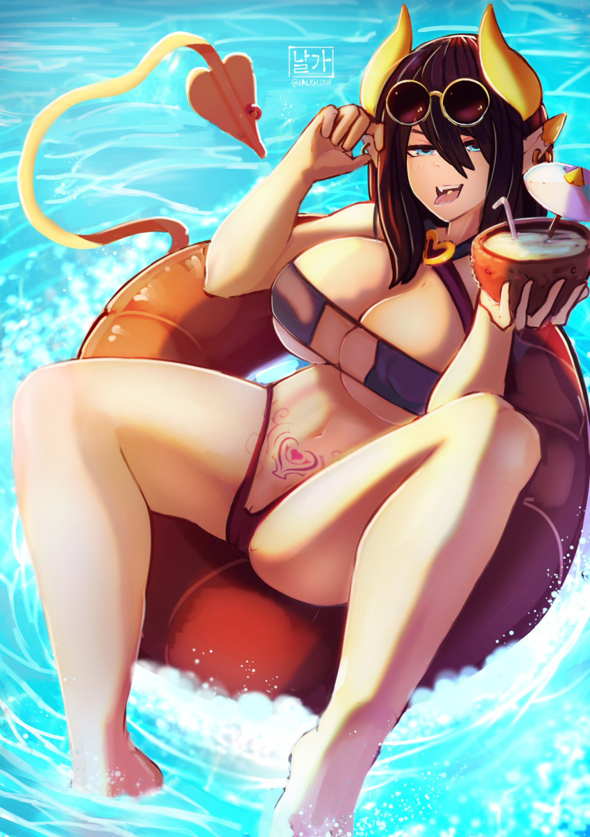 bikini demon_girl demon_horns demon_tail horns large_breasts nalka pointy_ears pubic_tattoo succubus succubus_horns succubus_tail succubus_tattoo tail thick_thighs velvet_(ironbunz)