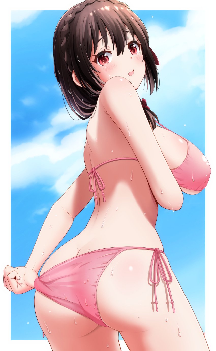 1girls arms_under_breasts ass ass big_ass big_breasts big_butt bikini bikini_bottom bikini_top blue_sky blush braided_hair brown_hair cloud clouds crown_braid female female_only from_below hair_between_eyes hair_on_breasts hair_ornament hair_over_shoulder hair_ribbon karst_bunny kono_subarashii_sekai_ni_shukufuku_wo! looking_at_viewer medium_hair outdoors pink_bikini pink_bikini_bottom pink_bikini_top red_eyes red_ribbon ribbon ribbons sky solo swimsuit twintails water water_on_body yunyun_(konosuba)