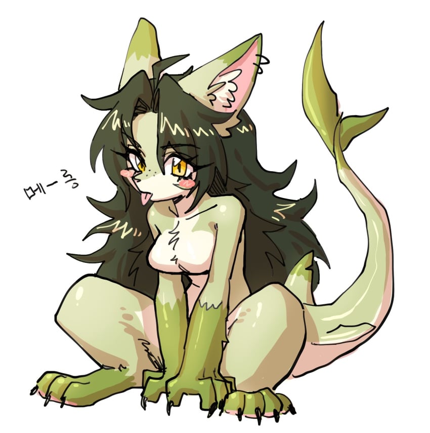 1girls 2023 anchovy_(cursedanchovy) blep blush breasts canine claws covering_crotch cream_fur cursedanchovy cute ear_piercing eyebrows eyebrows_visible_through_hair eyelashes featureless_breasts female female_only freckles furry furry_only green_body green_fur green_hair hybrid inner_ear_fluff japanese_text long_hair looking_at_viewer medium_breasts mlem pawpads paws shark shark_tail simple_background tongue tongue_out white_fur wholesome wolf wolf_ears yellow_eyes