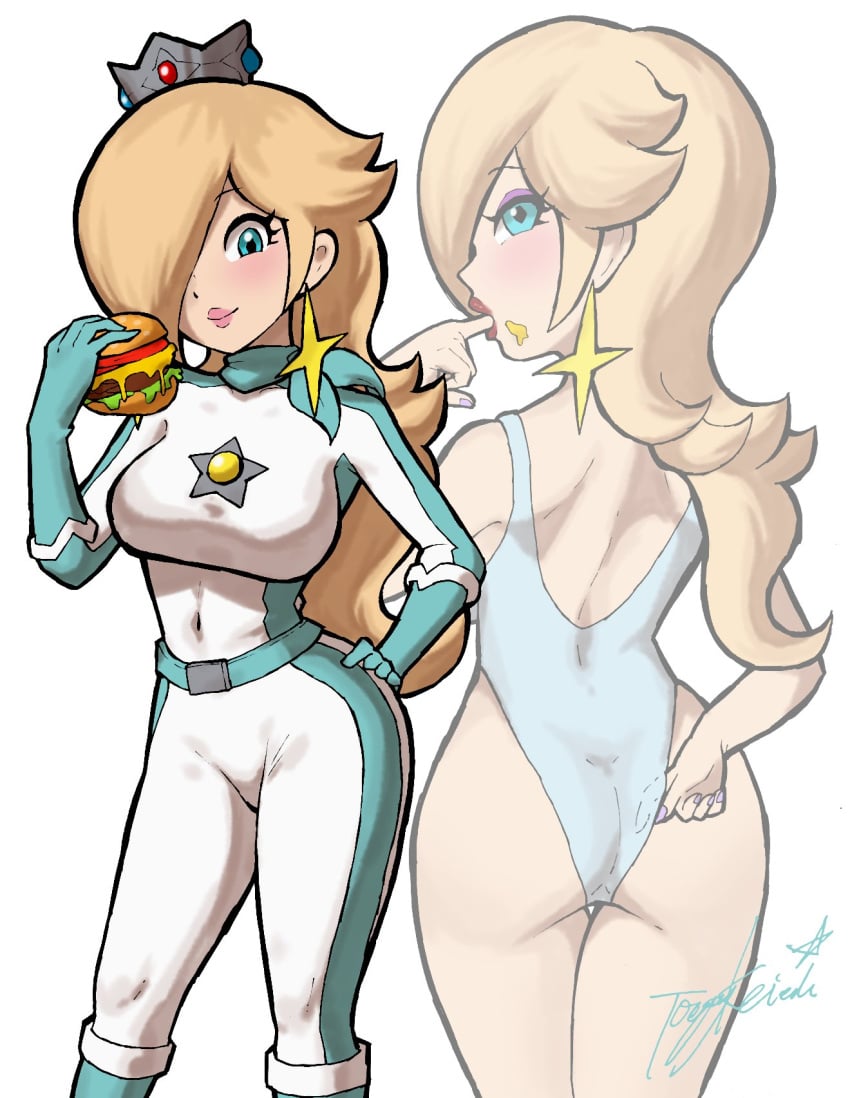 1girls 5_fingers alternate_costume ass blush bodysuit breasts cheese clothing crown eating elbow_gloves eyes female female_focus female_only food gloves hamburger human jpeg jumpsuit lipstick looking_at_viewer mario_(series) mario_kart nintendo open_eyes princess_rosalina signature smile solo standing tomato yamino_ekakinin