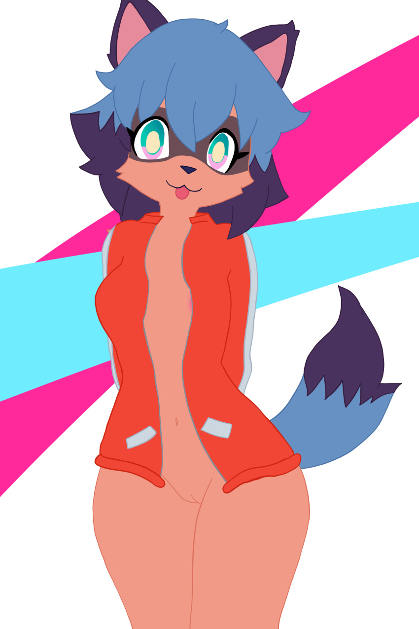 absurd_res anthro blue_body blue_fur blue_hair brand_new_animal brown_body brown_fur canid canine facial_markings female fur genitals hair head_markings hi_res hikaridraws mammal markings mask_(marking) michiru_kagemori multicolored_eyes pussy raccoon_dog solo studio_trigger sweatshirt tan_body tan_fur tanuki