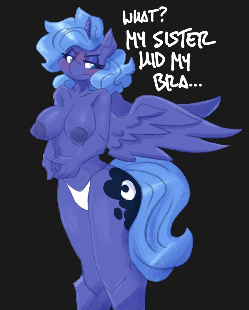 alicorn anthro anthrofied blue_body blue_eyes blue_hair blue_skin bottomwear breasts clothing english_text equid equine female flutterthrash friendship_is_magic hair hasbro horn mammal my_little_pony nipples panties princess_luna_(mlp) solo tail text topless underwear wings