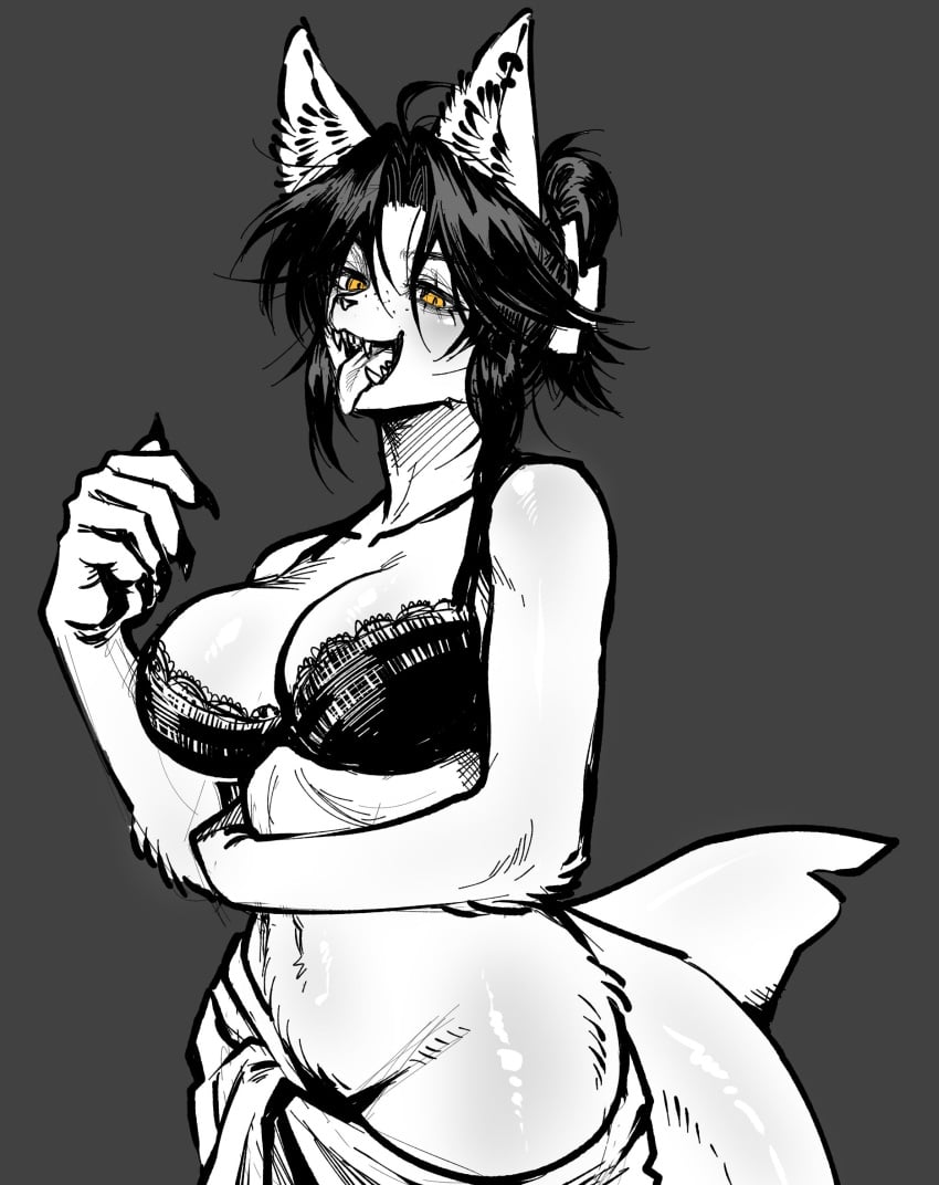 1girls 2023 anchovy_(cursedanchovy) big_breasts blush bra breasts canine claws cursedanchovy eyelashes fangs female female_only freckles furry furry_only half-closed_eyes huge_breasts hybrid inner_ear_fluff looking_at_viewer navel open_mouth shark_tail simple_background tail teeth tongue_out wolf wolf_ears yellow_eyes