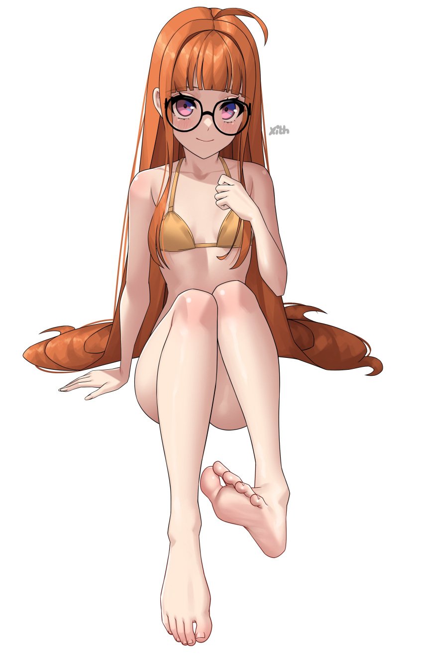 atlus barefoot feet female female_only glasses orange_hair persona persona_5 sakura_futaba small_breasts solo swimsuit x_xith_x