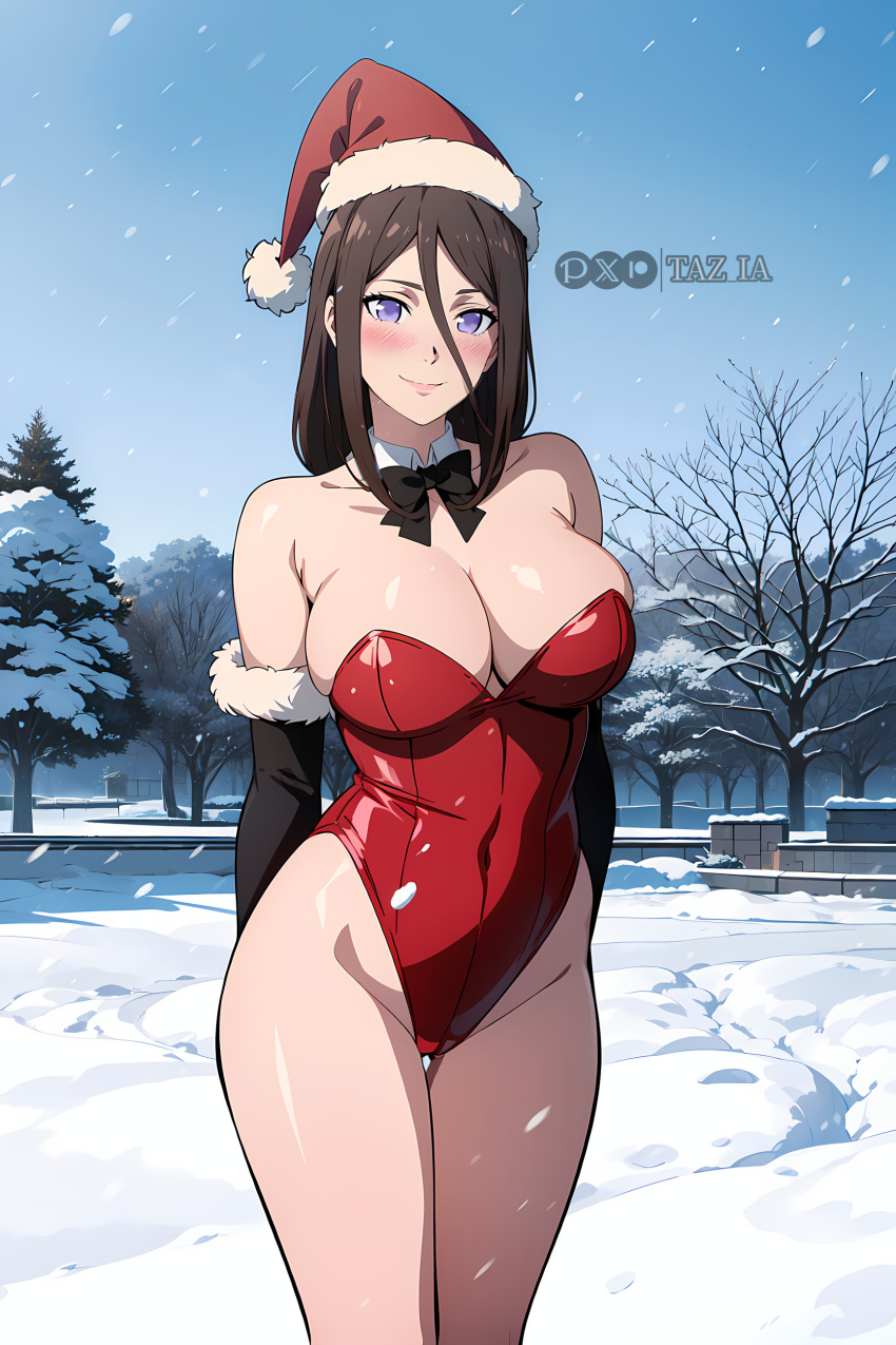 1girls ai_generated arm_warmers arms_behind_back bare_shoulders bare_thighs barely_clothed big_breasts blush boruto:_naruto_next_generations breasts brown_hair christmas christmas_outfit cleavage curvaceous curvy curvy_body curvy_female curvy_figure detached_collar detached_sleeves facing_viewer front_view fur_trim hat hyuuga_hanabi legs_together leotard nai_diffusion naruto naruto_(series) outdoors patreon_username pinup pixiv_username purple_eyes revealing_clothes santa_hat smile snow snowing stable_diffusion standing strapless strapless_dress taz_ia twitter_username url watermark web_address wide_hips