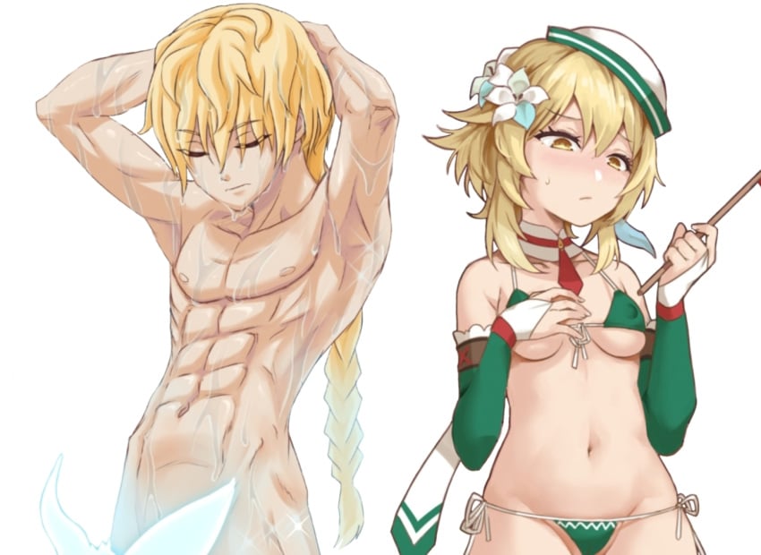 1boy 1boy1girl 1girls abs aether_(genshin_impact) alternate_costume blushing brother_and_sister censored embarrassed fourth_descender genshin_impact hair_ornament hetero hoyoverse lumine_(genshin_impact) male/female muscular_male naked nude_male siblings skimpy_outfit teyvat vycma wet_body