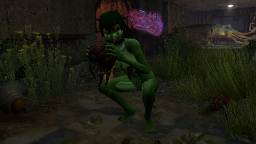 3d_(artwork) blood breasts claws eating female_focus garry's_mod grass green_scales green_skin hunting insects large_breasts monster no_pussy nude nude_female orange_eyes scp scp-811 scp_foundation squatting squid tyrakathedragonfan underground yellow_blood