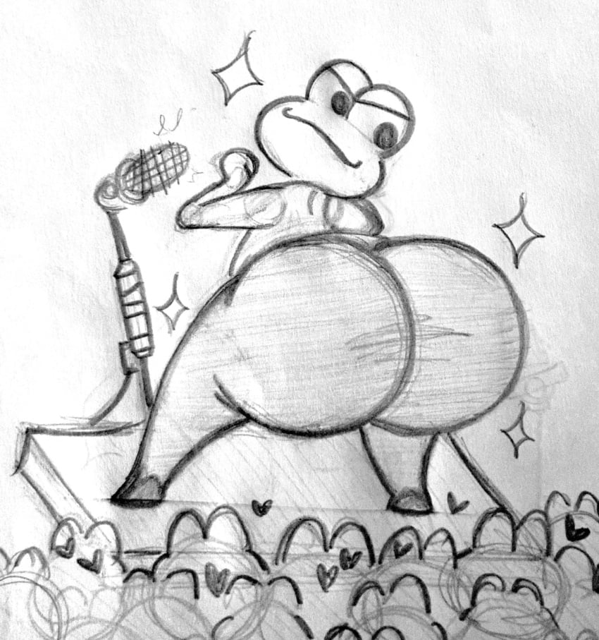 ambiguous_gender amphibian big_ass big_butt black_and_white bubble_ass bubble_butt crowd crowd_watching frog huge_ass huge_butt methcaptain microphone paper_drawing rhythm_heaven sketch stage tagme traditional_art