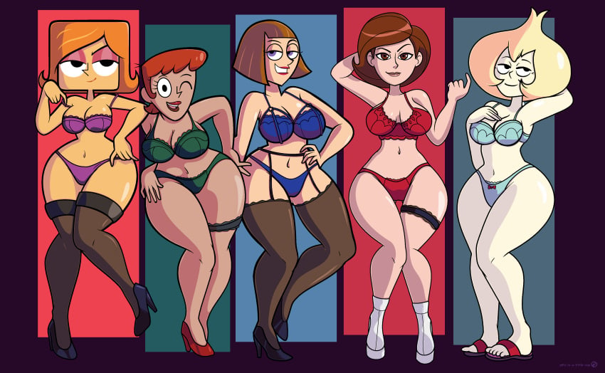 5girls 5milfs alternate_costume alternate_version_available big_breasts big_hips black_thighhighs blonde_hair blue_bra blue_panties bottomwear bra breasts brown_eyes brown_hair cleavage crossover curvy danny_phantom debbie_turnbull debs_turnbull dexter's_laboratory dexter's_mom female female_only footwear full_body garter_belt garter_straps green_bra green_panties hair half-closed_eyes hand_behind_head hand_on_hip heels helen_parr high_heels hips huge_breasts human lace lace-trimmed_bra lace-trimmed_panties lace-trimmed_thighhighs lace_trim legs legwear light-skinned_female light_blue_bra light_blue_panties light_skin lineup lingerie lips madeline_fenton mature mature_female mature_woman milf milfs mother multiple_girls multiple_milfs one_eye_closed orange_hair pills-in-a-little-cup purple_bra purple_eyes purple_panties red_bra red_panties robotboy short_hair smile steven_universe the_incredibles thick_lips thick_thighs thigh_strap thighs topwear vidalia_(steven_universe) wide_hips wink winking