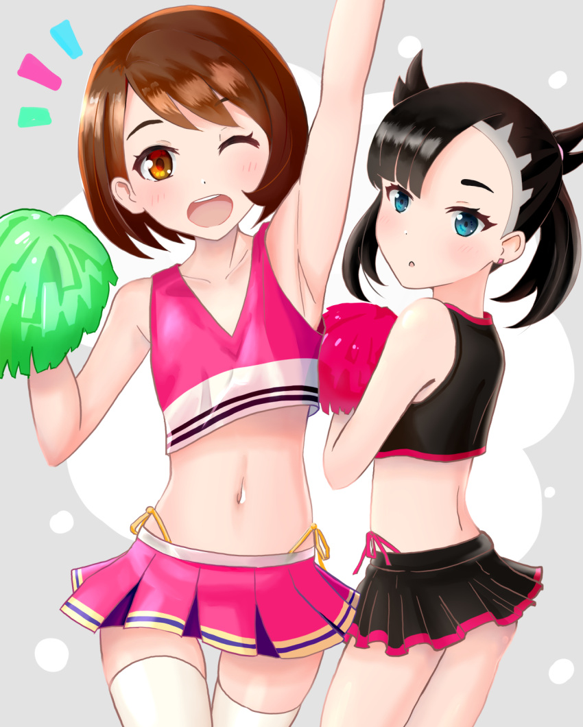 2girls black_crop_top black_hair black_skirt breasts brown_eyes brown_hair cheerleader cheerleader_uniform crop_top earclip gloria_(pokemon) green_eyes looking_at_viewer marnie_(pokemon) midriff navel nintendo pan_korokorosuke panties pink_crop_top pink_panties pink_skirt pokemon pokemon_ss pom_pom_(cheerleading) pom_poms short_black_hair short_brown_hair short_hair side-tie_panties skirt small_breasts thighhighs twintails yellow_panties