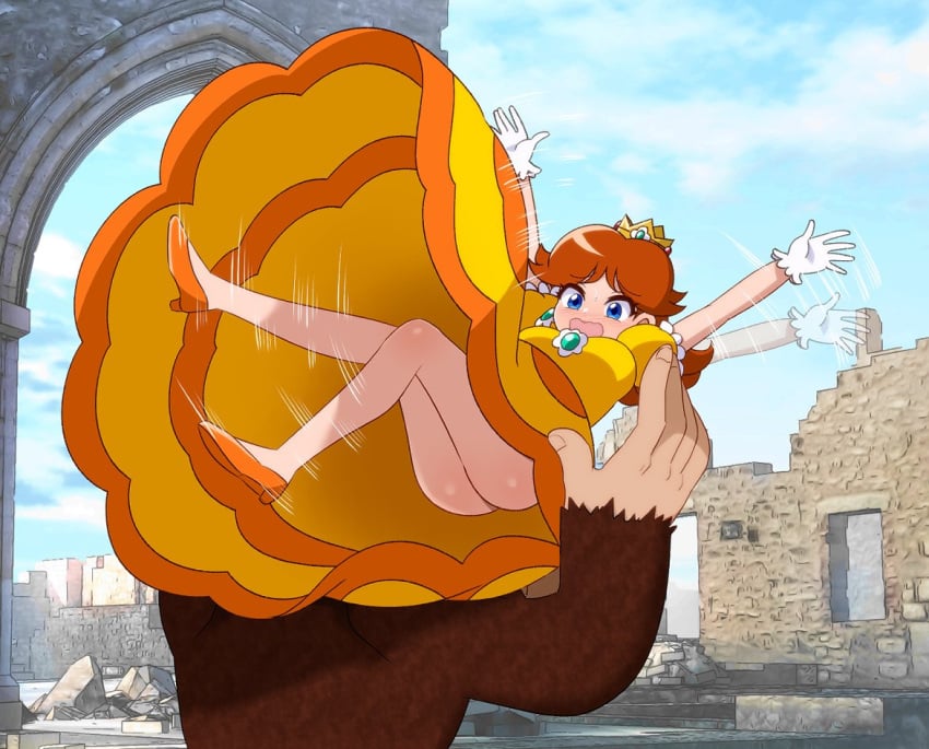 1boy 1girls animal big_breasts blue_eyes blush brown_hair carrying clothing crown donkey_kong donkey_kong_(series) dooon_chaaan dress female freaking_out gloves high_heels kidnapping long_dress male mario_(series) monkey nintendo no_panties no_socks orange_dress orange_shoes outdoors princess_daisy short_sleeves small_ass upskirt waving_arms white_gloves