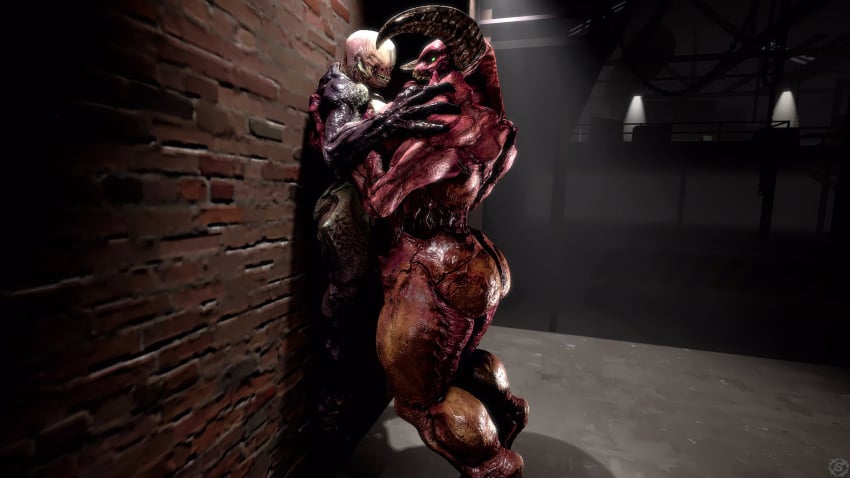2girls 3d ass baron_of_hell_(doom) breasts claws demon_girl doom eyeless female hell_knight_(doom) horns light-skinned_female monster_girl red_body saimon source_filmmaker street thick_thighs video_games yuri
