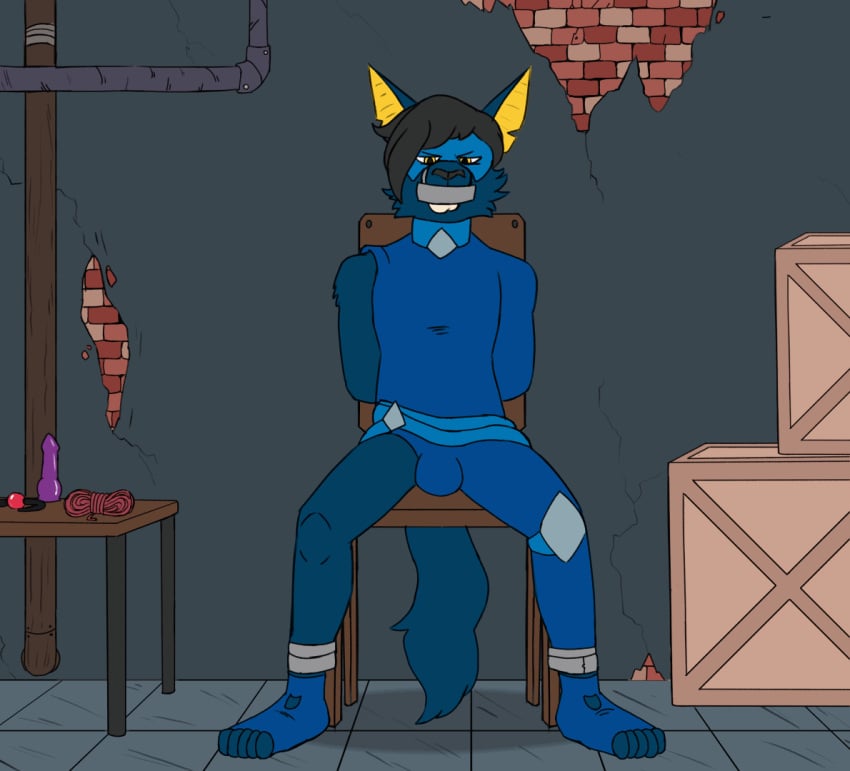 animated anthro ball_gag basement blue_eyes bondage bound bulge canid canine canis captured chair chair_bondage cheek_bulge cloth_gag crown darkpup dildo domestic_dog duct_tape duct_tape_gag duo furniture gag gagged headgear hidden_face kidnapping male male/male mammal mask over_the_mouth_gag rope sex_toy smallsavant struggling stuff_gag superhero superhero_costume tape tape_gag