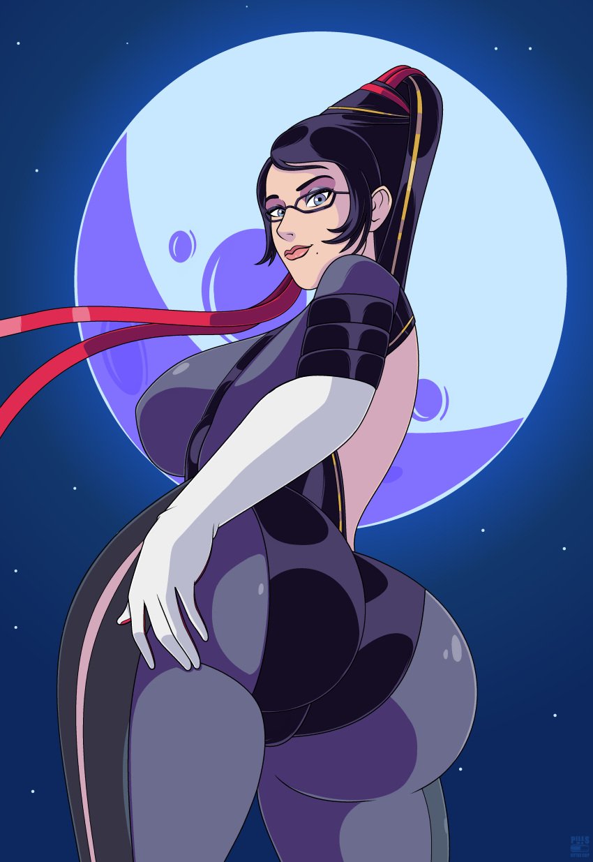 1girls ass ass_focus bayonetta bayonetta_(character) big_ass big_breasts big_lips black_eyes black_hair bodysuit breasts bubble_ass bubble_butt dat_ass eyewear female female_only glasses hair hand_on_ass huge_ass huge_breasts lips long_hair looking_back mature mature_female mole mole_under_mouth pills-in-a-little-cup solo solo_female thick_lips thick_thighs thighs tight_clothing