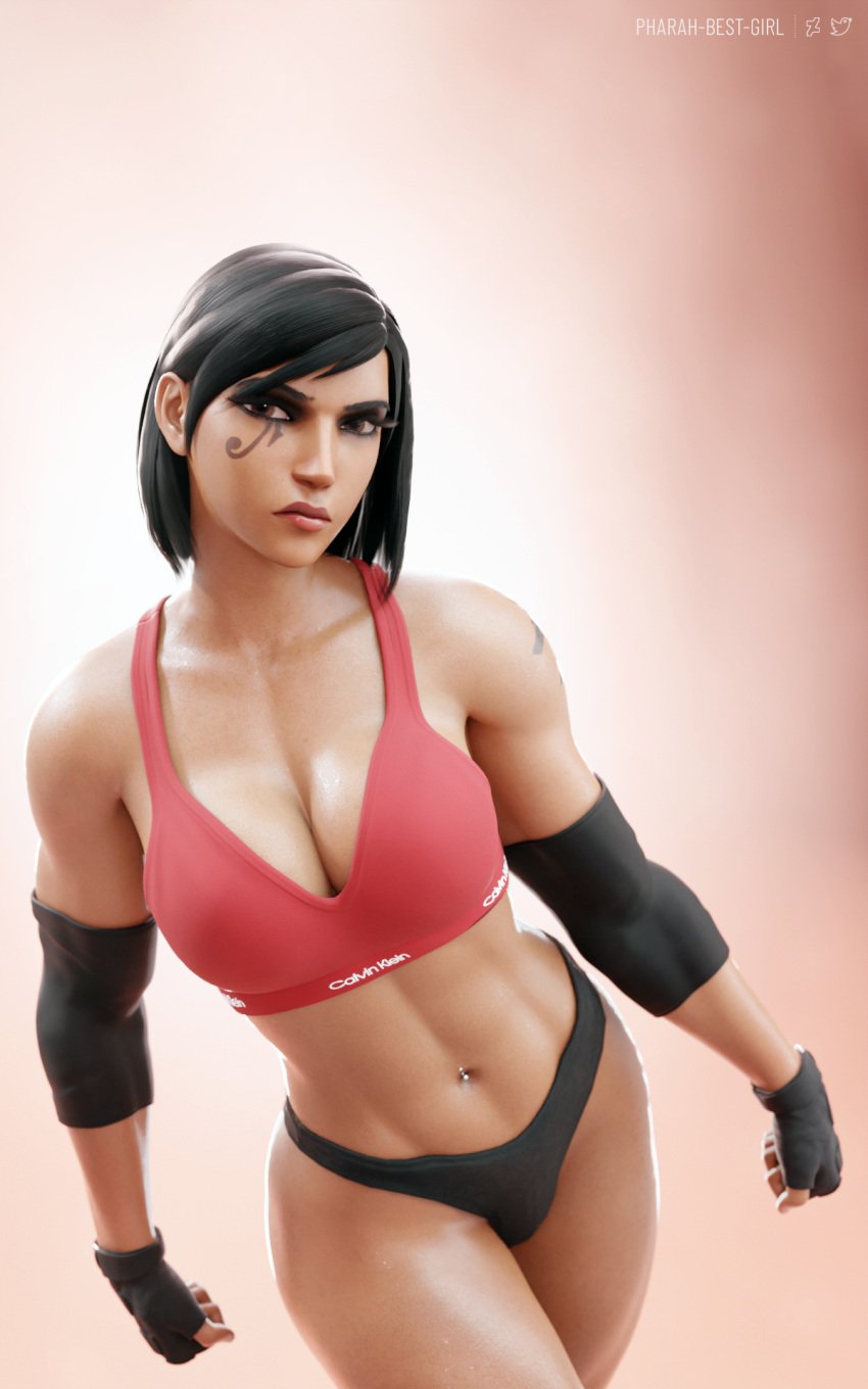 3d abs aggressive black_eyes black_hair blender bra clothing dark-skinned_female dark_skin female fingerless_gloves gloves high_resolution looking_at_viewer muscle muscular_female navel navel_piercing overwatch pharah pharah-best-girl piercing pinup pinup_pose pose pouting shoulder_guards sports_bra sportswear underwear