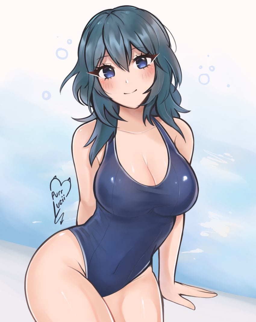 1girls alternate_costume artist_name bare_shoulders black_hair blue_eyes blue_one-piece_swimsuit blue_swimsuit breasts byleth_(female)_(fire_emblem) byleth_(fire_emblem) byleth_(fire_emblem)_(female) cleavage female female female_only fire_emblem fire_emblem:_three_houses highres large_breasts medium_hair nintendo one-piece_swimsuit purrlucii solo swimsuit teal_hair