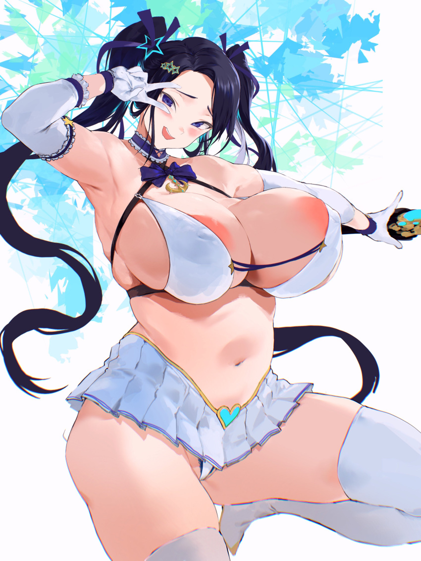 1girls big_breasts breasts busty curvaceous curvy curvy_body curvy_female curvy_figure female grdrawww huge_breasts invincible_dragon_(last_origin) large_breasts last_origin peace_sign short_skirt skirt thick_thighs thighs twintails voluptuous