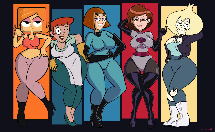 5girls alternate_version_available apron big_breasts blonde_hair blue_pants bodysuit breasts brown_eyes brown_hair cleavage crossover danny_phantom debbie_turnbull debs_turnbull dexter's_laboratory dexter's_mom female female_only footwear full_body hair half-closed_eyes hand_behind_head hand_on_hip helen_parr hips huge_breasts jacket legs lips madeline_fenton mature mature_female mature_woman milf mother multiple_girls multiple_milfs one_eye_closed orange_hair pants pills-in-a-little-cup purple_eyes robotboy shirt short_hair smile steven_universe superheroine the_incredibles thick_lips thighs vidalia_(steven_universe) white_apron wide_hips wink winking