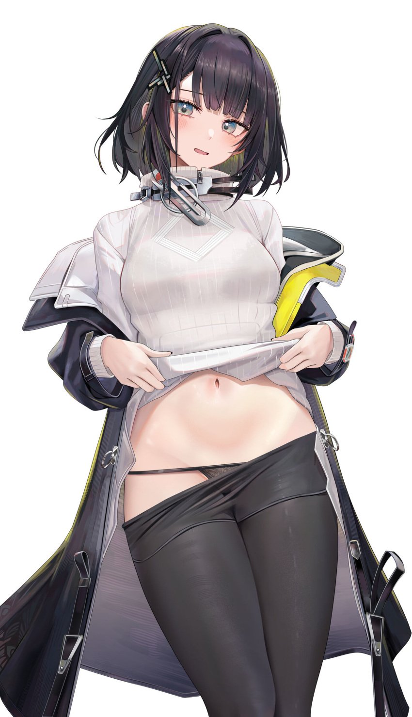 1girls 2023 arknights arknights:_endfield belly black_hair black_panties blue_eyes blush coat female female_endministrator_(arknights) hi_res legwear light-skinned_female light_skin looking_at_viewer navel panties ru_zhai simple_background solo standing sweater sweater_lift underwear