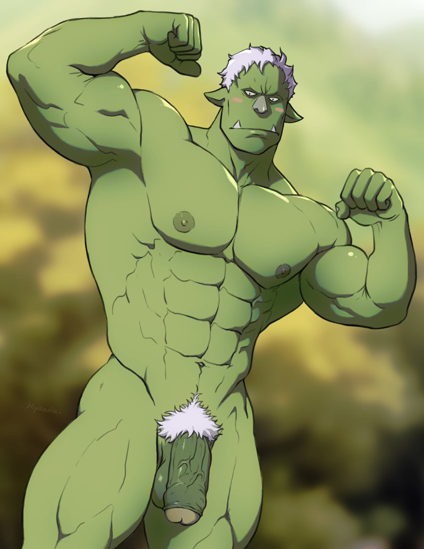 abs balls body_hair genitals goblin goblin_male green_body green_skin hair hi_res humanoid humanoid_genitalia humanoid_penis humanoid_pointy_ears hydaria male male_focus male_only muscular muscular_humanoid muscular_male nipples pecs penis pubes rigurd solo that_time_i_got_reincarnated_as_a_slime vein veiny_muscles veiny_penis white_hair