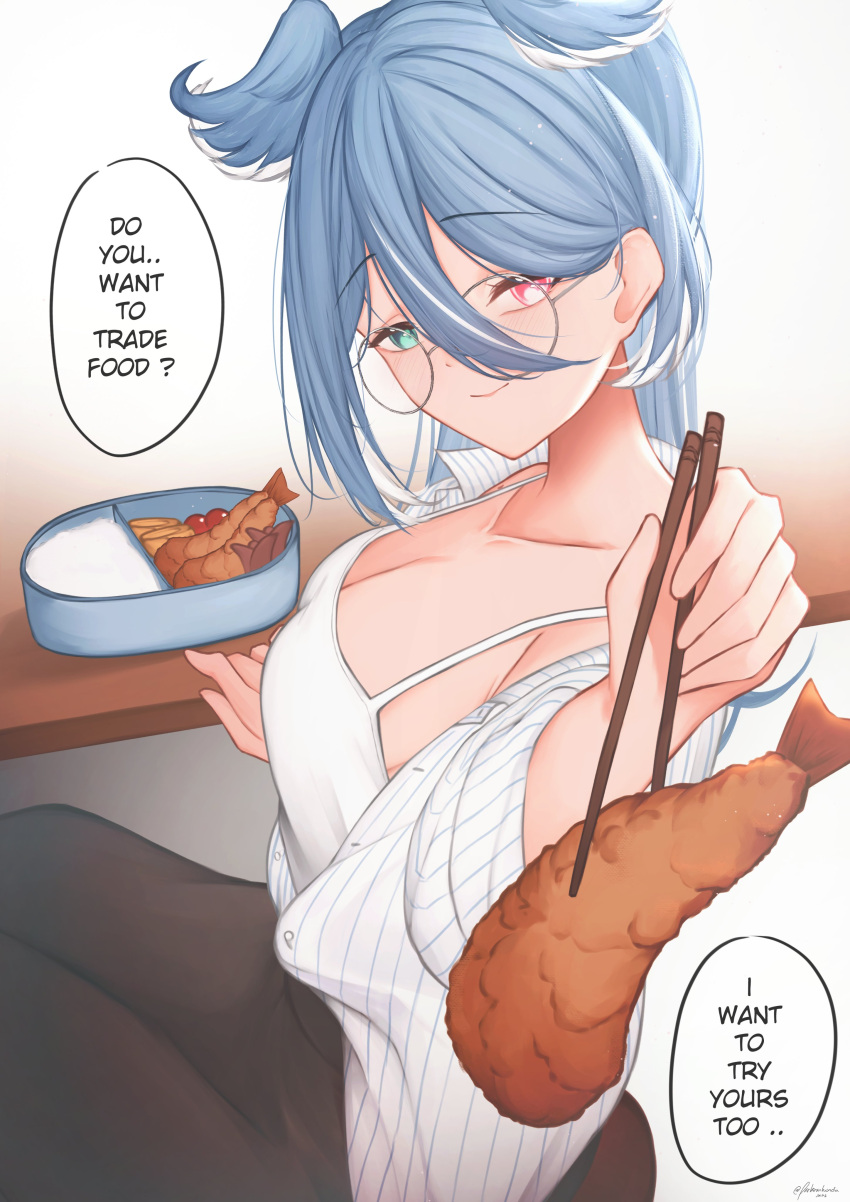 1girls bento_box blue_hair clothed dragon_girl elira_pendora food fully_clothed headwings heterochromia looking_at_viewer nijisanji nijisanji_en parkiranhonda pov rice smiling solo text text_bubble virtual_youtuber