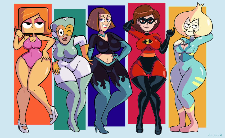 5girls alternate_costume alternate_version_available big_breasts blonde_hair breasts brown_eyes brown_hair cleavage crossover danny_phantom debbie_turnbull debs_turnbull dexter's_laboratory dexter's_mom domino_mask eyewear female female_only footwear full_body hair half-closed_eyes hand_behind_head hand_on_hip heels helen_parr high_heels hips huge_breasts legs lips madeline_fenton mature mature_female mature_woman milf mother multiple_girls multiple_milfs one-piece_swimsuit one_eye_closed orange_hair pills-in-a-little-cup pink_swimsuit purple_eyes robotboy short_hair smile steven_universe superheroine swimsuit swimwear the_incredibles thick_lips thighhigh_boots thighs vidalia_(steven_universe) visor wide_hips wink winking