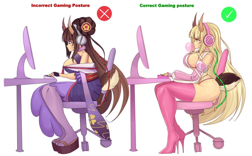 1girls before_and_after bimbo bimbofication blonde_hair bubble_gum correct_gaming_posture_(meme) female slemka solo thick_thighs thighhighs thighs transformation