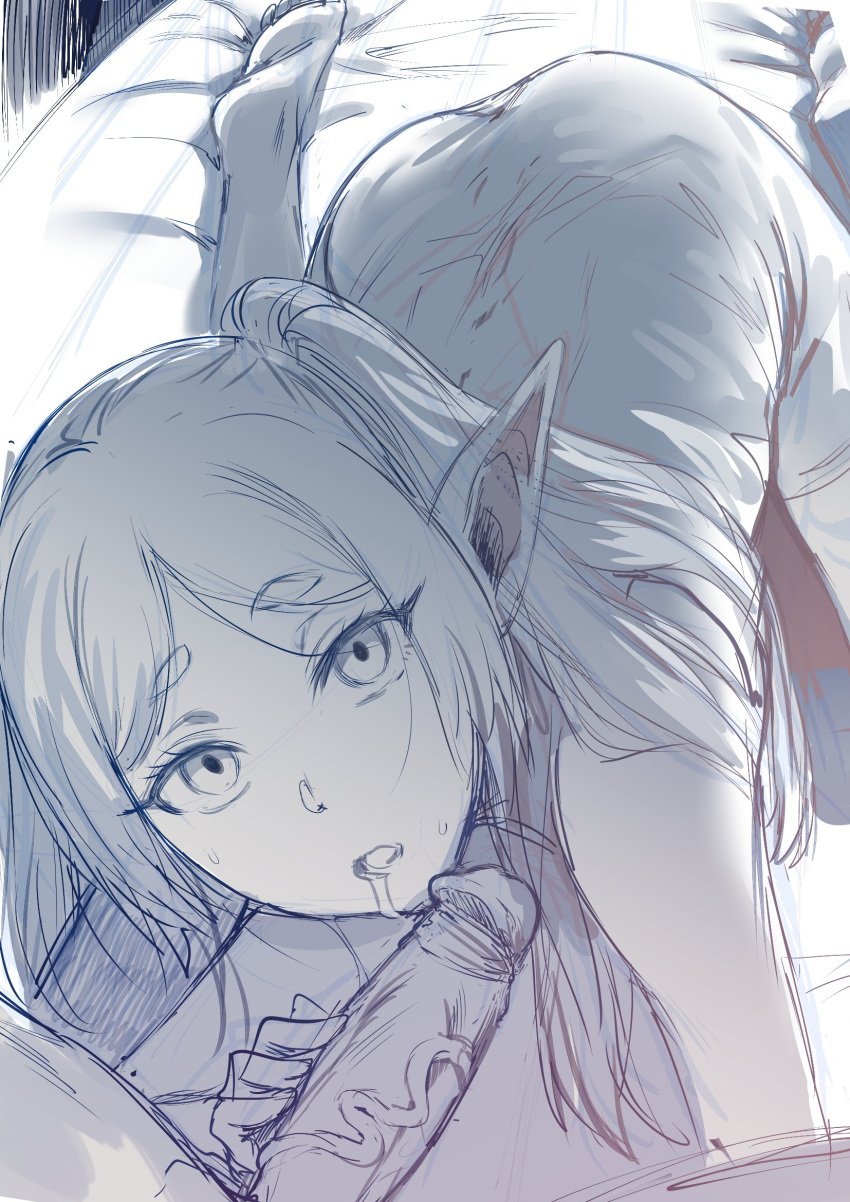 after_oral bed bent_over cum cum_drip cum_in_mouth dick elf elf_ears elf_female fellatio frieren handjob hews hews_hack himmel_(sousou_no_frieren) human human_male male_human/female_elf on_all_fours oral oral_sex penis pointy_ears sketch sousou_no_frieren sucking_penis veiny_penis