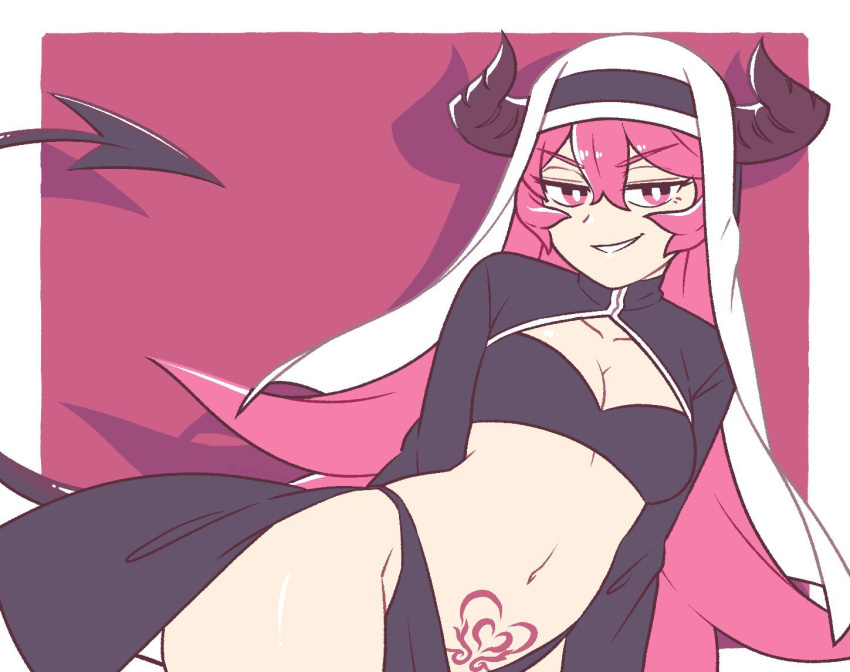 belly boob_window costume demon demon_girl demon_horns demon_tail female horns lewdismug long_hair midriff nun nun's_habit nun_outfit pink_hair pubic_tattoo rida_(vibrantrida) smirk smirking smirking_at_viewer smug smug_face solo solo_female solo_focus tattoo vibrantrida