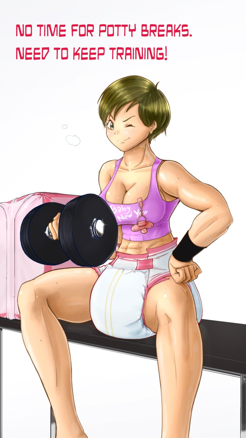 1girls abs big_breasts breasts cleavage dialogue diaper diaper_critter female muscular muscular_female one_eye_closed short_hair sketchmandl solo solo_female sweat tank_top text tomboy weightlifting wink