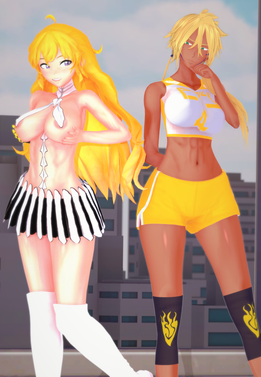 2girls 3d arrancon bleach blonde_female blonde_hair covered_nipples crossover dark-skinned_female dark_skin female female_only green_eyes gym_clothes gym_clothing gym_shirt gym_shorts gym_uniform outfit_swap purple_eyes rwby tan_body tan_skin tia_harribel yang_xiao_long