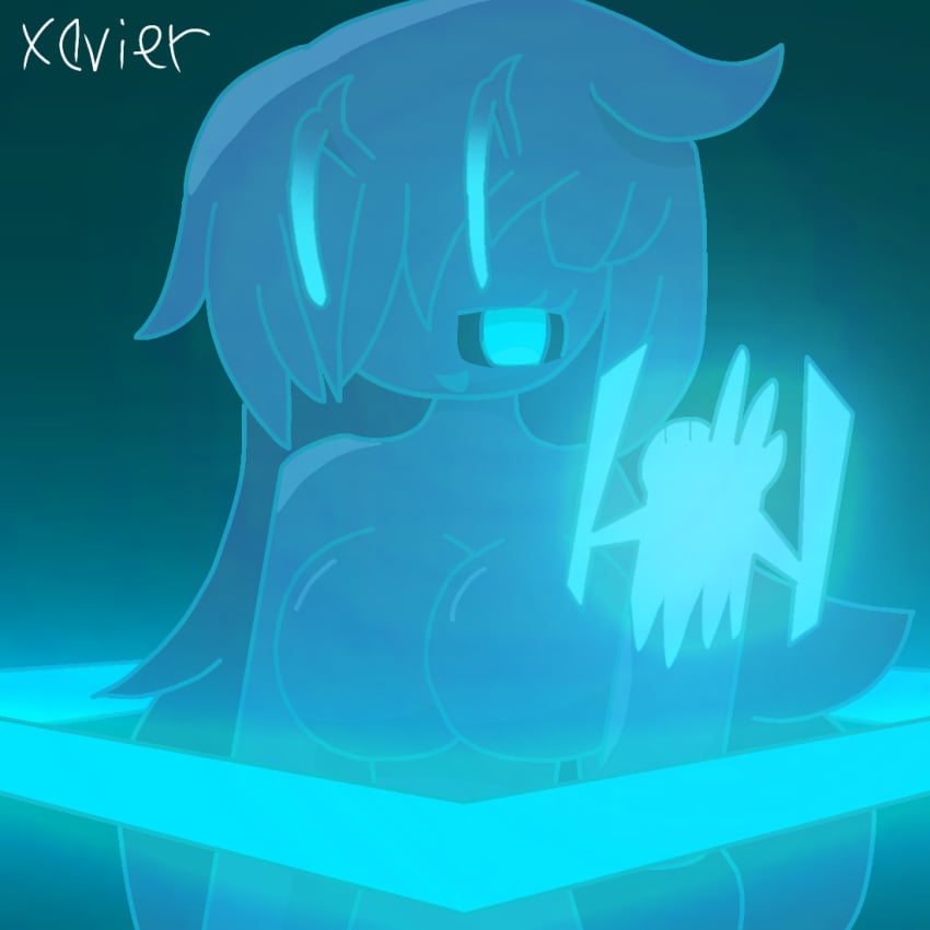 big_breasts claws glowing_antennae glowing_eyes lazulite_slime_(xavierlazymahn8) long_hair magic mutated simple_background simple_eye slime_girl xavierlazymahn8_(artist)