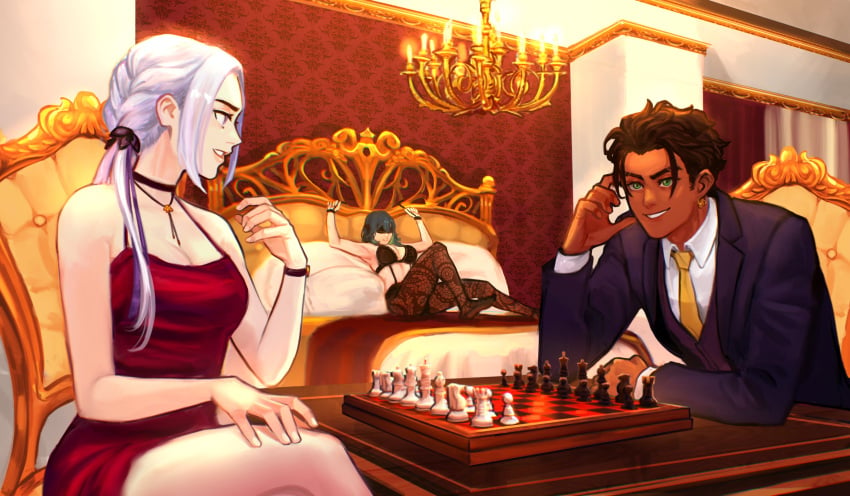 1boy 2girls absurdres alternate_costume alternate_hairstyle bed blindfold blue_hair board_game bound bound_wrists bra breasts brown_hair byleth_(female)_(fire_emblem) byleth_(fire_emblem) chair chandelier chess chess_piece choker claude_von_riegan cleavage dark-skinned_male dark_skin dress earrings edelgard_von_hresvelg english_commentary female femsub fire_emblem fire_emblem:_three_houses fire_emblem_warriors:_three_hopes green_eyes highres indoors jewelry large_breasts long_sleeves male maledom medium_breasts medium_hair multiple_girls necktie nintendo official_alternate_hairstyle pantyhose ponytail purple_eyes sethkiel sitting smile suit teeth underwear watch white_hair