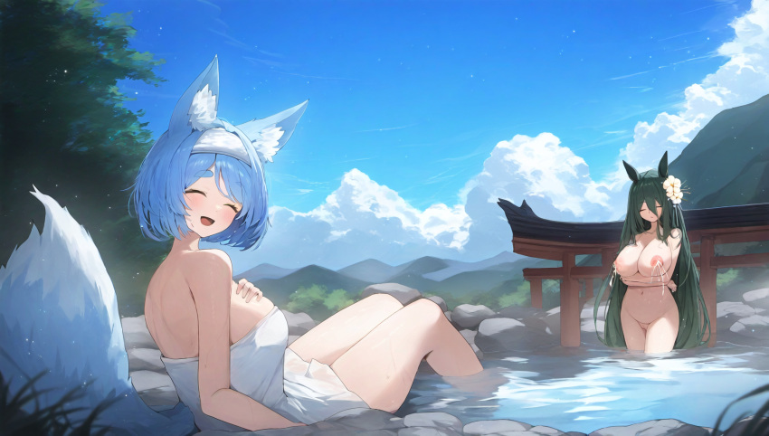 2girls agamou ai_generated aigbrea blue_hair blush breasts cloud day flower green_hair hair_ornament hot_spring lactation large_breasts long_hair medium_hair monera nipples public rock smile towel tree vagina water