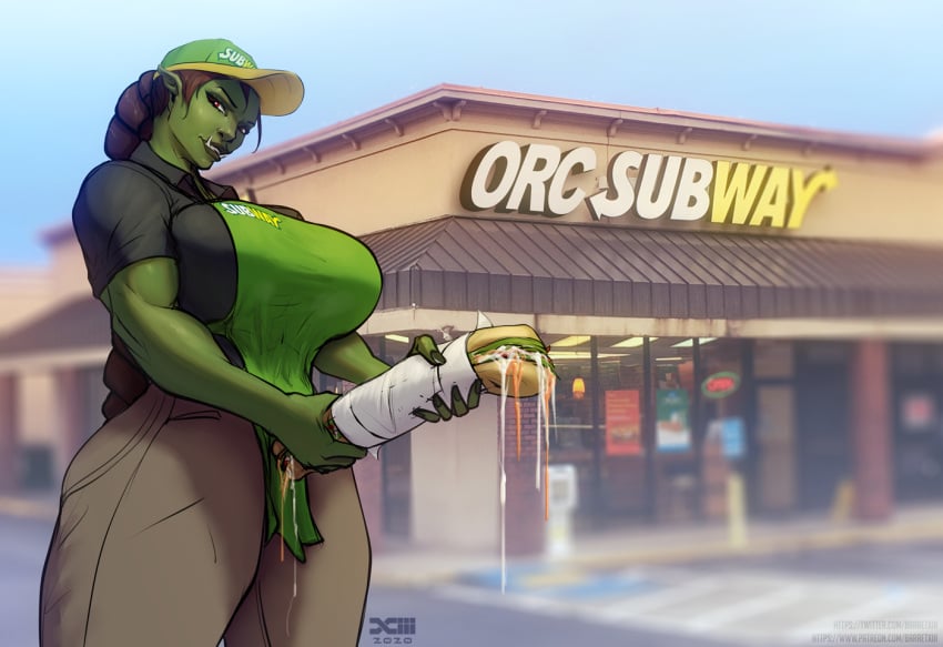 1girls 2020s 2023 2d 2d_(artwork) apron barretxiii big_breasts big_thighs braided_hair breasts brown_hair clothed fangs female female_focus female_only food fully_clothed green_skin hi_res highres holding_sandwich large_breasts large_thighs long_ears long_hair muscular muscular_female orc orc_female original original_character red_eyes sandwich sharp_teeth solo solo_female solo_focus subway_(franchise) subway_uniform t-shirt thick_thighs thighs tight_clothing