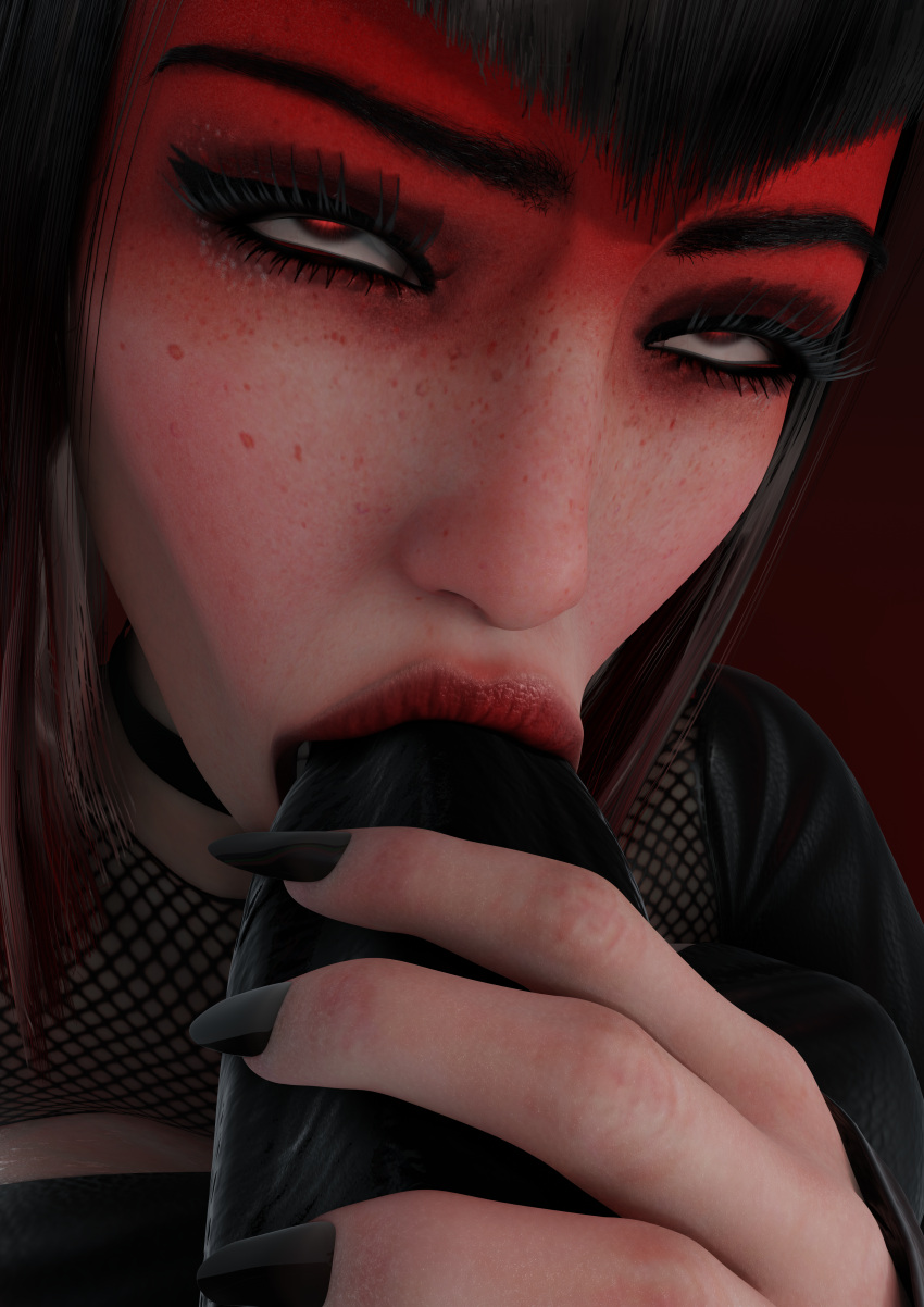 1girls 3d 3d_(artwork) autofellatio bangs black_and_red_hair blender blender_(software) blender_eevee blowjob blowjob_face bottomless close_up countess_(paragon) dark-skinned_male dark_skin eyeshadow face_focus fellatio female female_only insanis_(artist) interracial lipstick make_up oral paragon partially_clothed pleasure_face pleasured red_eyes red_lipstick rolling_eyes self_upload sex_toy sex_toy_in_mouth simple_background solo solo_focus strap-on white_skin