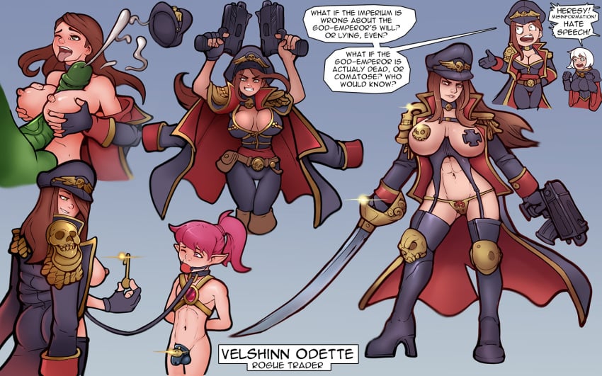 1girls adepta_sororitas aeldari athletic_female big_breasts blush breasts brown_hair brown_hair_female chastity chastity_cage chastity_device dialogue eldar elf_ears english_text femboy femdom fit_female green_skin imperium_of_man long_hair markydaysaid multiple_boys ork rogue_trader sister_of_battle speech_bubble text veiny_penis velshinn_odette warhammer_(franchise) warhammer_40k