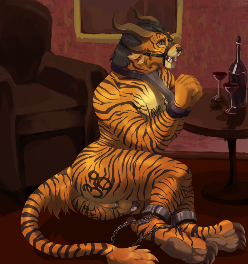 2023 anthro body_writing charr chastity_cage chastity_device container crazydonkey cup drinking_glass felid furniture glass glass_container glass_cup guild_wars hi_res horn inside male mammal muzzle_(object) muzzled nude shackled shackled_ankles slave sofa solo wine_bottle wine_glass