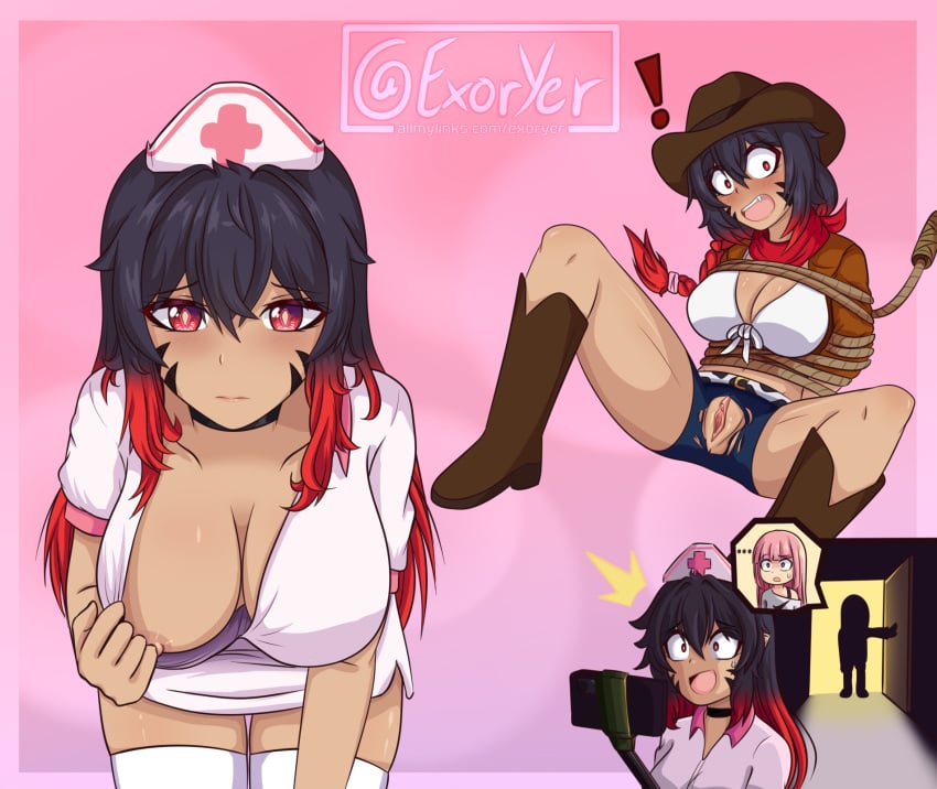 black_and_red_hair black_hair breasts breasts cosplay cowgirl exari_(exoryer) exoryer genderswap_(mtf) nurse nurse_uniform oppai pink_hair red_eyes rule_63 rule_63 succubus vagina